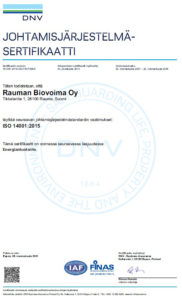 Rauman Biovoiman ISO 14001 -sertifikaatti