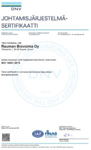 Rauman Biovoiman ISO 14001 sertifikaatti 2021